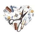 Heart made of items for sewing, embroidery, handicrafts, parts from a sewing machine. Tailor's scissors, thread Royalty Free Stock Photo