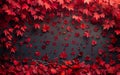 Heart made of leaves on red background. Generative AI Royalty Free Stock Photo