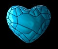 Heart made of low poly style blue color plastic isolated on black background. 3d