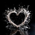 Heart made of milk splashes isolated on black background.