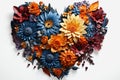 Heart made of multicolored flowers on white background, top view