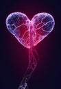 Heart made from a neural network. Neon cybernetic heart. Cyber heart. Stylized abstract glowing heart. AI-generated