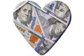 Heart made of one hundred dollars banknotes