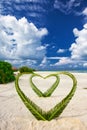 Heart made of palm tree leaves on tropical island with overwater bungalows in the background Royalty Free Stock Photo