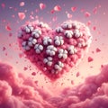 A heart made of pink cotton in a sky, sunset, clouds, flower petals in the sky, love scene, romantic athmosphere