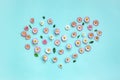 Heart made of pink and white spring daisy flowers on blue background. Royalty Free Stock Photo