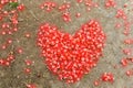 Heart made from red flower on the ground. Royalty Free Stock Photo