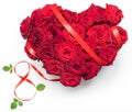 Heart Made Red Roses bouquet red ribbon figure 8 leafs Isolated White Background.