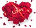 Heart Made Red Roses bouquet Red ribbon Text Love Petals Isolated White Background.