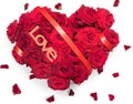 Heart Made Red Roses bouquet Red ribbon Text Love Petals Isolated White Background.