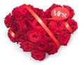 Heart Made Red Roses bouquet Red ribbon Text Note Mrs. Isolated White Background.