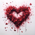 Heart made of red twig leaves splattered paint, white background. Heart as a symbol of affection and