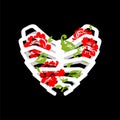 Heart made of ribs and flowers. Love of bones and roses. Heart Shaped Rib Cage Rose. Tattoo symbol Royalty Free Stock Photo