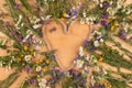 Heart made of rope in the center of wildflowers. View from above Royalty Free Stock Photo