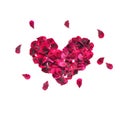 Heart made of rose petals. Red rose petals heart over white background. Top view with copy space for your text. Love and romantic Royalty Free Stock Photo
