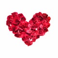 Heart made of rose petals. Red rose petals heart over white background. Top view with copy space for your text. Love and romantic Royalty Free Stock Photo