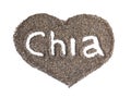 Heart made of seeds with word CHIA on white background