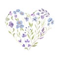 Heart made of watercolor flowers, berries, herbs. Hand drawing illustration Royalty Free Stock Photo