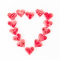 Heart made of watermelon. Flat lay love composition on white background. Top view. Valentine`s day
