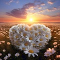Heart made of white and yellow daisy flowers in a field at sunset. Heart as a symbol of affection and Royalty Free Stock Photo