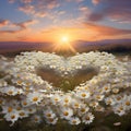 Heart made of white and yellow daisy flowers in a field at sunset. Heart as a symbol of affection and love Royalty Free Stock Photo