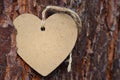A heart made of wood with a ribbon on it is stuck in a tree trunk in the tree bark and serves as space for text Royalty Free Stock Photo