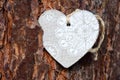 A heart made of wood with a ribbon on it is stuck in a tree trunk in the tree bark and serves as space for text. There are Royalty Free Stock Photo