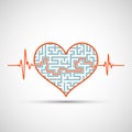 Heart with a maze and line of electrocardiogram of heartbeat