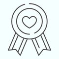 Heart Medal thin line icon. Charity order with ribbon vector illustration isolated on white. Medal with heart outline