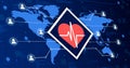 Heart medical icon with cardio on world map connecting system with other people, on technology background 3d