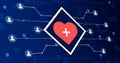 Heart medical icon connecting the system with other people on technology background 3d