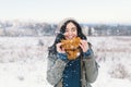 Heart melting winter portrait of pretty young woman awaiting Chr Royalty Free Stock Photo