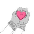 Hands in Mittens hold a Heart. Illustration in Line art style with added color. Royalty Free Stock Photo