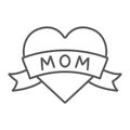 Heart with mom inscription thin line icon, love and mother, love mom tatoo sign, vector graphics, a linear pattern on a Royalty Free Stock Photo