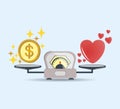 Heart and money for scales icon. Balance of money and love in scale. Concept of choice. Scales with love and money coins. Vector. Royalty Free Stock Photo