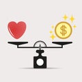 Heart and money for scales icon. Balance of money and love in scale. Concept . Scales with love and money coins. Vector. Royalty Free Stock Photo