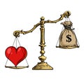 Heart and money on scales. Love overweight sack of dollars. Vector