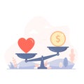 Heart and money on scales vector flat design illustration. Money and love balance on scale. Weights with love and money coin Royalty Free Stock Photo