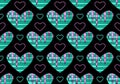 Heart mosaic geometrical seamless pattern. Creative shapes, bright colors background in green, lilac palette. Black