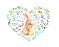 Heart for Mothers day - mother rabbit embrace her child. Watercolor card with animals, flowers, birds Royalty Free Stock Photo