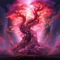 fire in the night, background with fire, background with tree, background, A massive tree with a mysterious pink fire, love tree