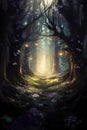 In the heart of a mystical forest, a winding road unveils the enchantment and mystery of a fairy tale world Royalty Free Stock Photo