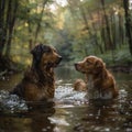 In the heart of nature two dogs of varied breeds share moments of play in a gently flowing stream
