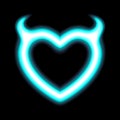 Heart neon or blue glow radiant effect of love with Devil horns for Valentines day Halloween. Holiday design, night love. Royalty Free Stock Photo