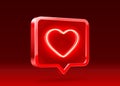 Heart neon like icon, sign follower 3d banner, love post social media. Vector