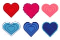 Set of red, pink and blue hearts. Hearts with different design. Love retro vintage icon sticker set. Valentine`s day illustration