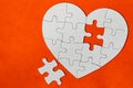 Heart object made of puzzle pieces. Make complete heart. Jigsaw puzzle pieces in form of heart. Happy Valentines Day, greeting