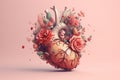 Heart organ with flowers. 3D illustration. Vintage style toned generative ai