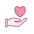 Heart over hand line and fill style icon vector design