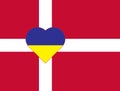 A heart painted in the colors of the flag of Ukraine on the flag of Denmark. Illustration of a blue and yellow heart on the Royalty Free Stock Photo